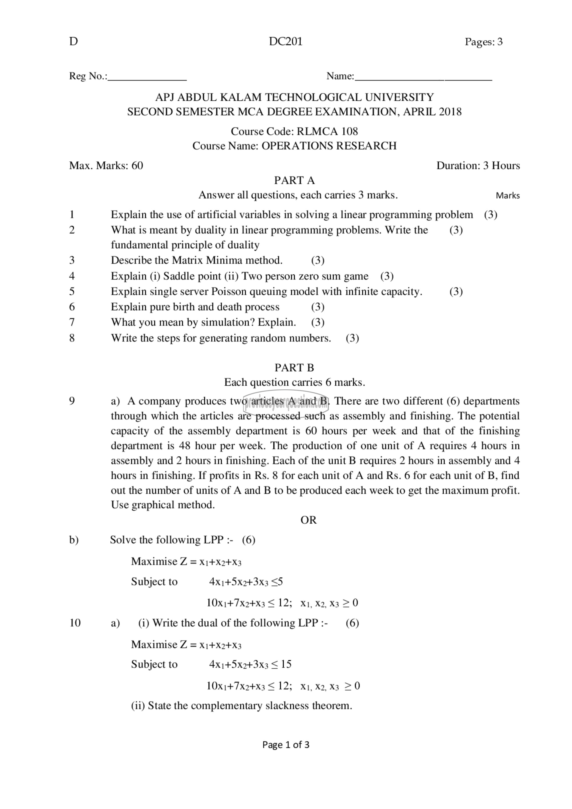 Question Paper - Operations Research-1