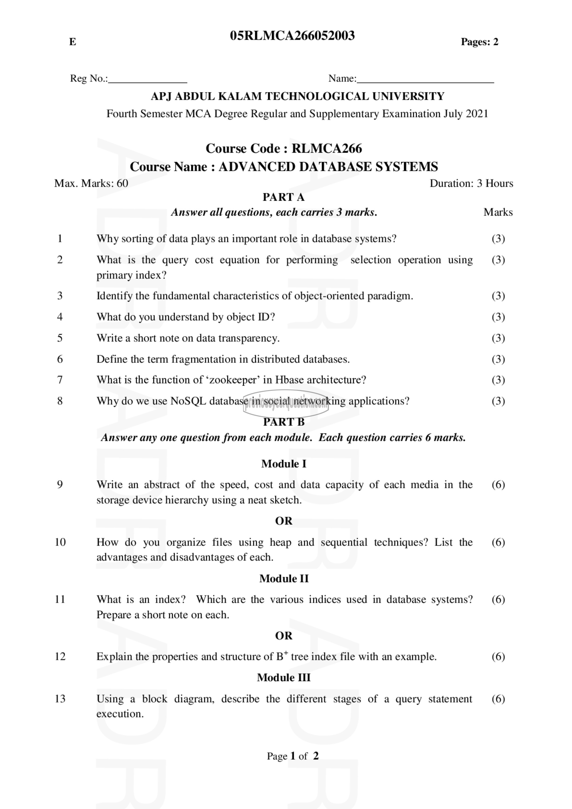 Question Paper - Advanced Database Systems-1