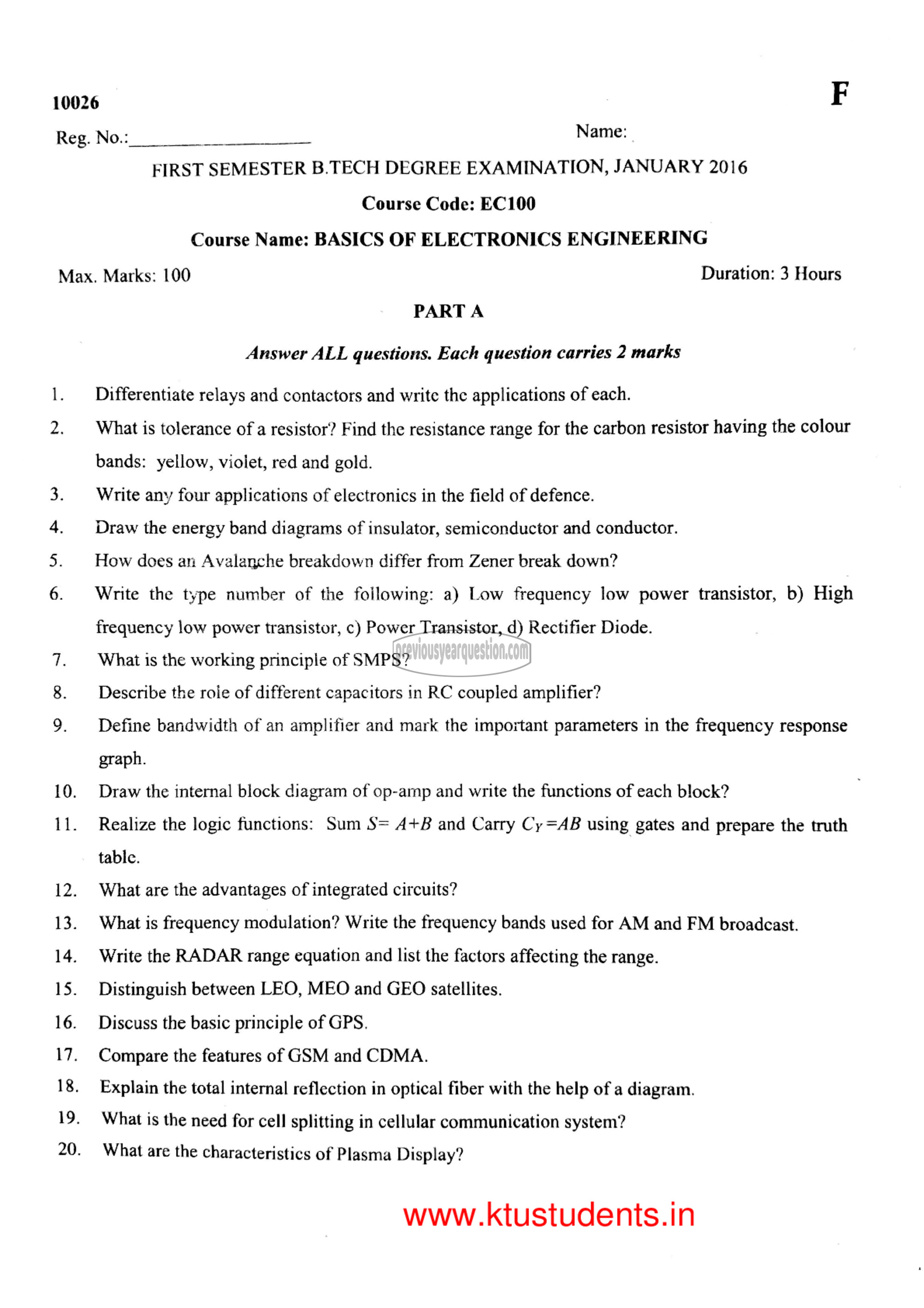 Question Paper - BASICS OF ELECTRONICS ENGINEERING-1