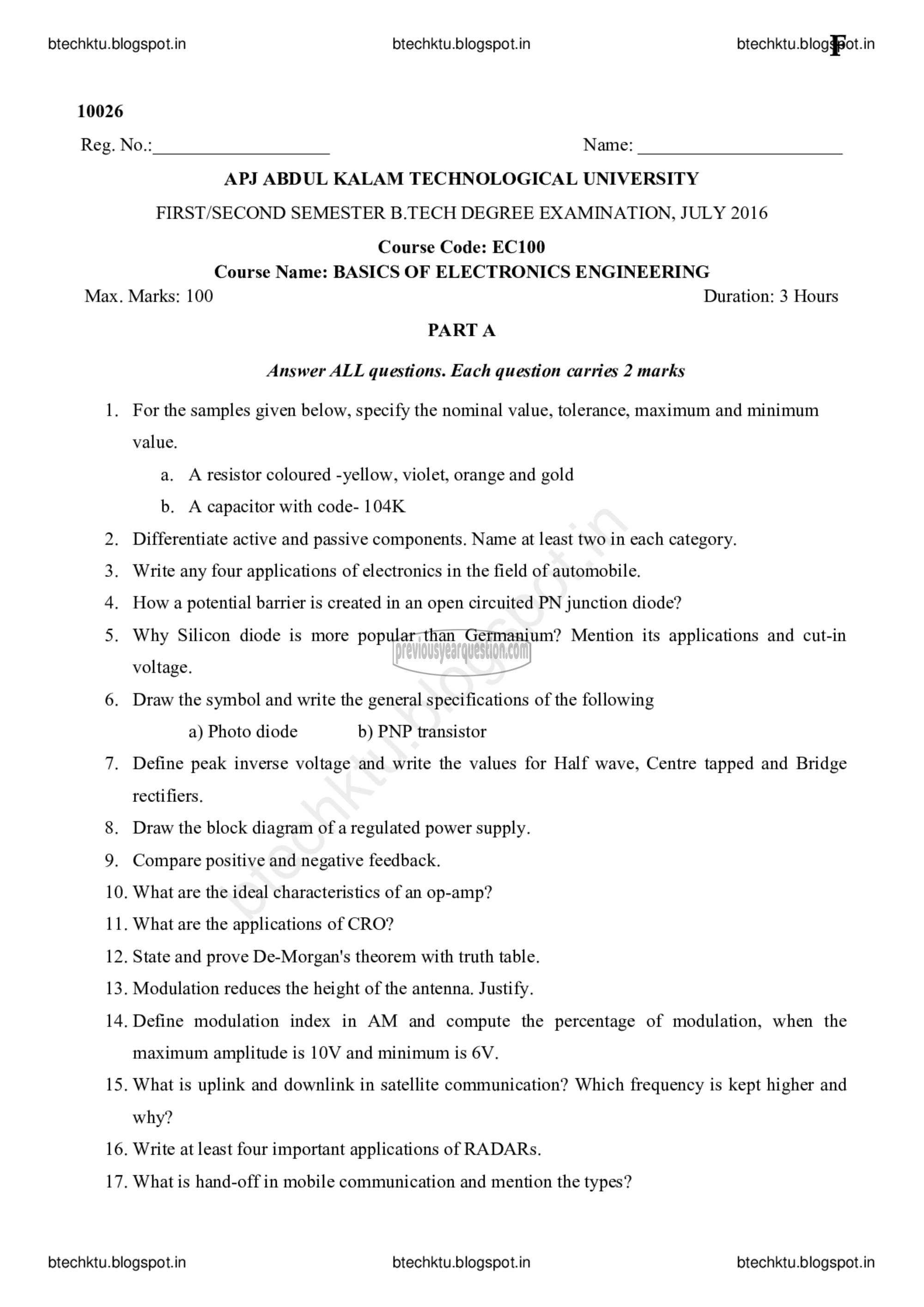 Question Paper - BASICS OF ELECTRONICS ENGINEERING-1