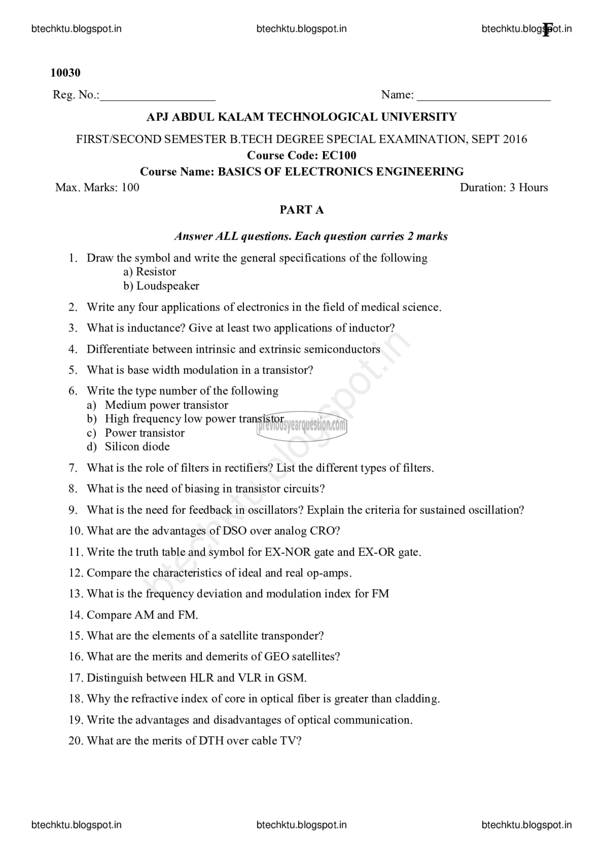 Question Paper - BASICS OF ELECTRONICS ENGINEERING-1