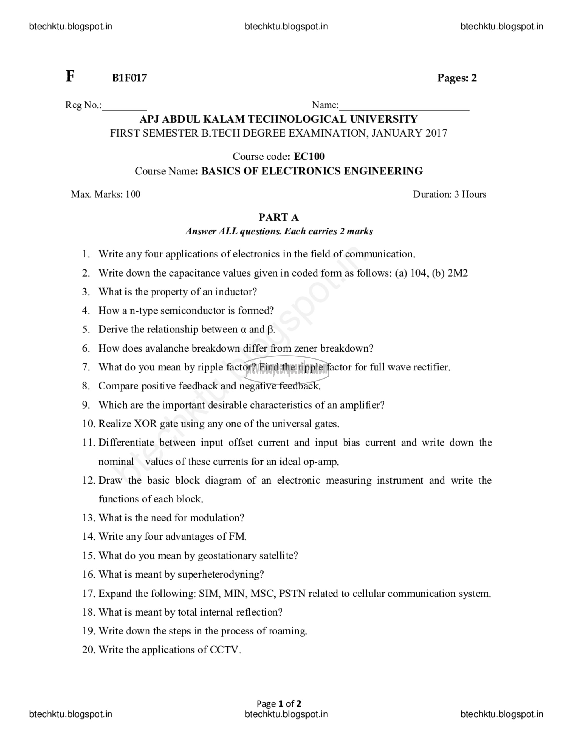 Question Paper - BASICS OF ELECTRONICS ENGINEERING-1