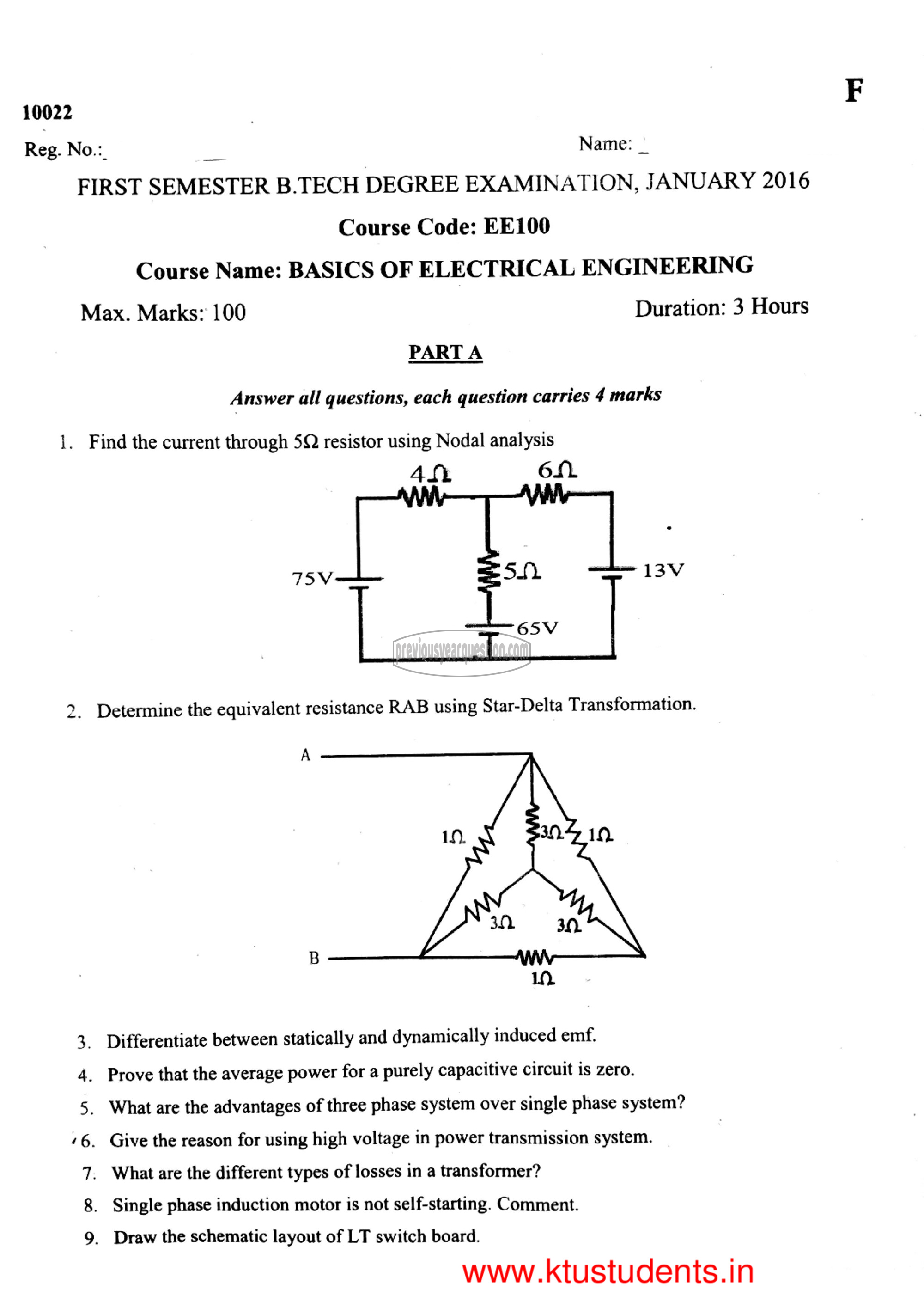 Question Paper - BASICS OF ELECTRICAL ENGINEERING-1