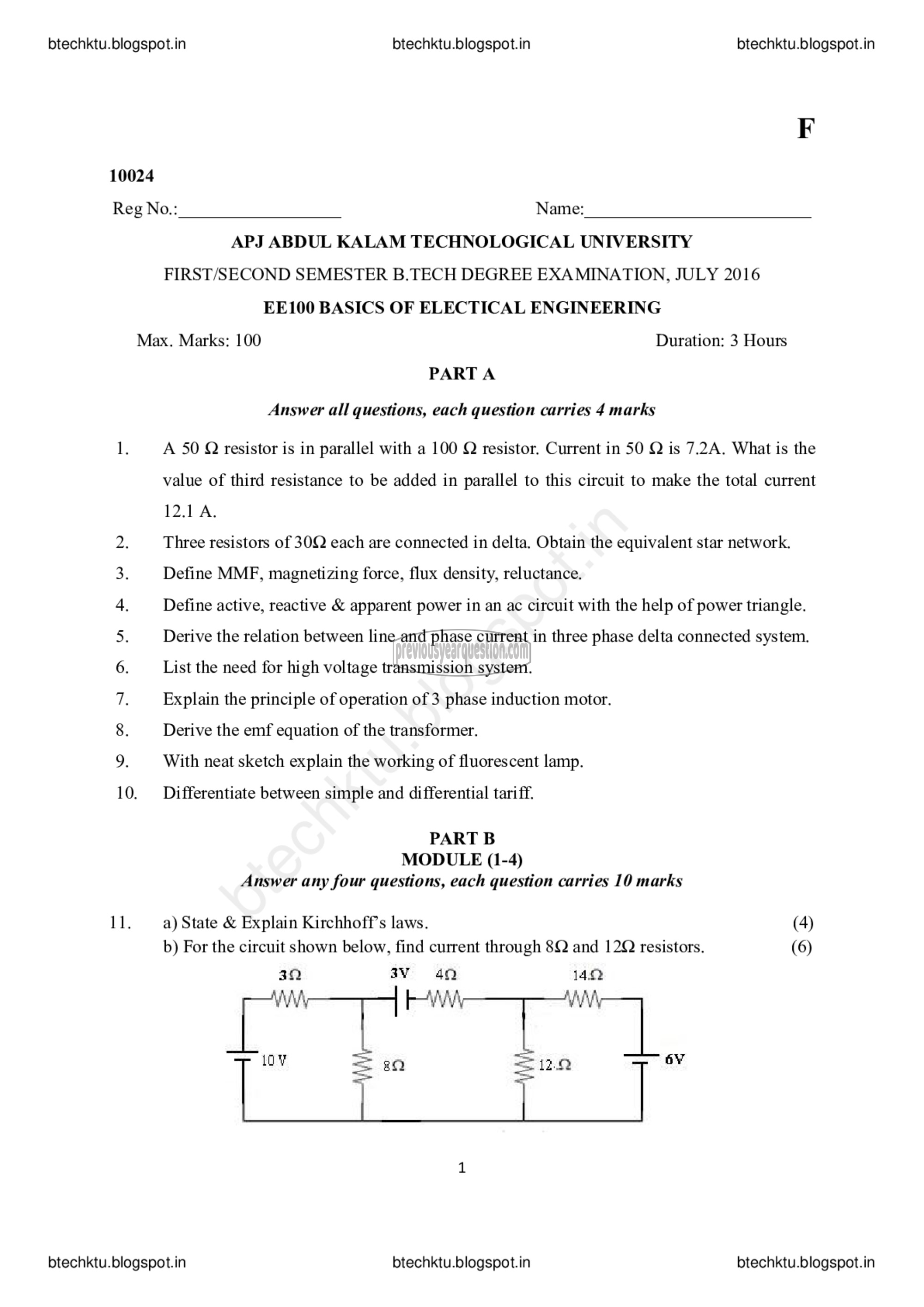 Question Paper - BASICS OF ELECTRICAL ENGINEERING-1