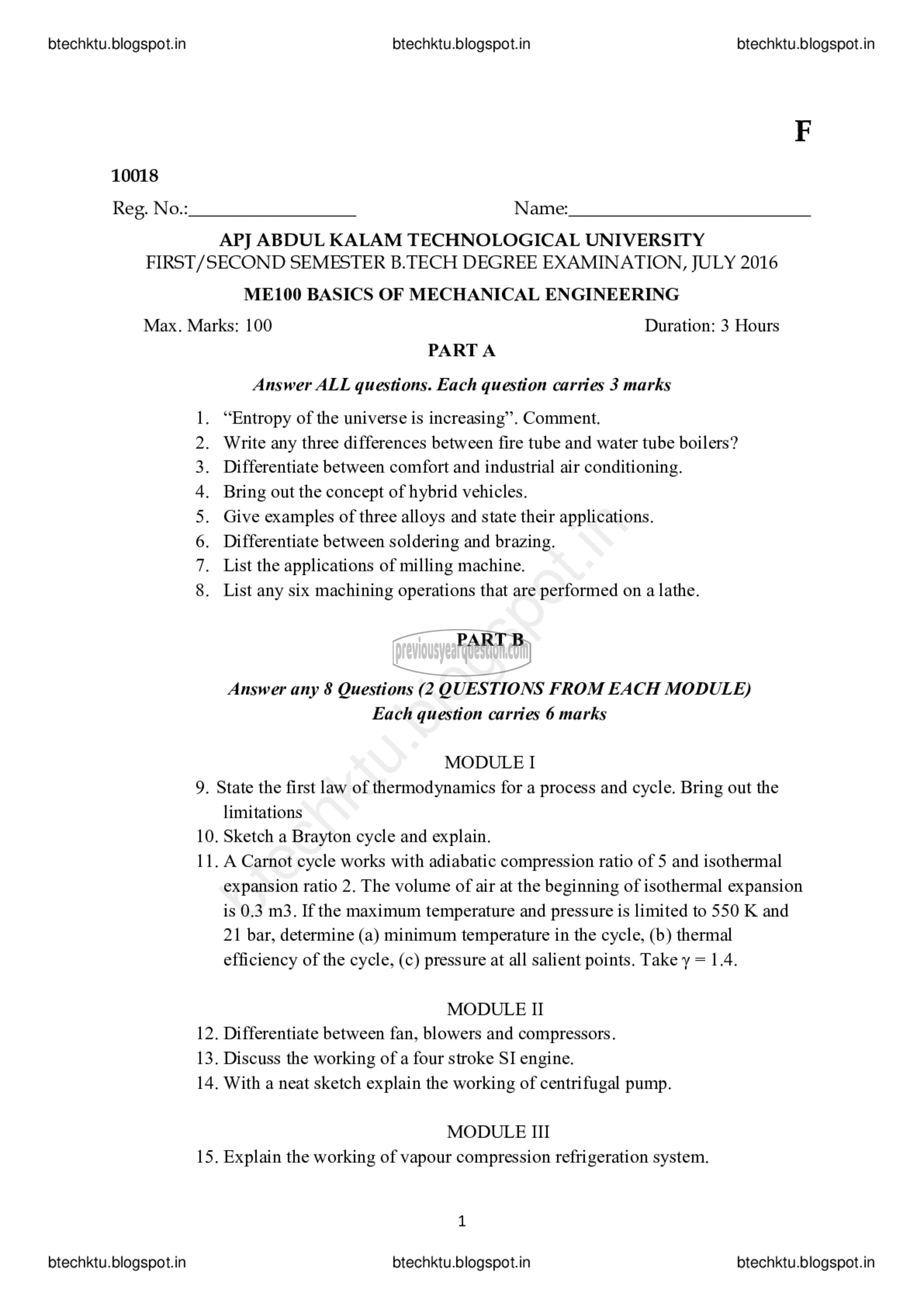 Question Paper - BASICS OF MECHANICAL ENGINEERING-1