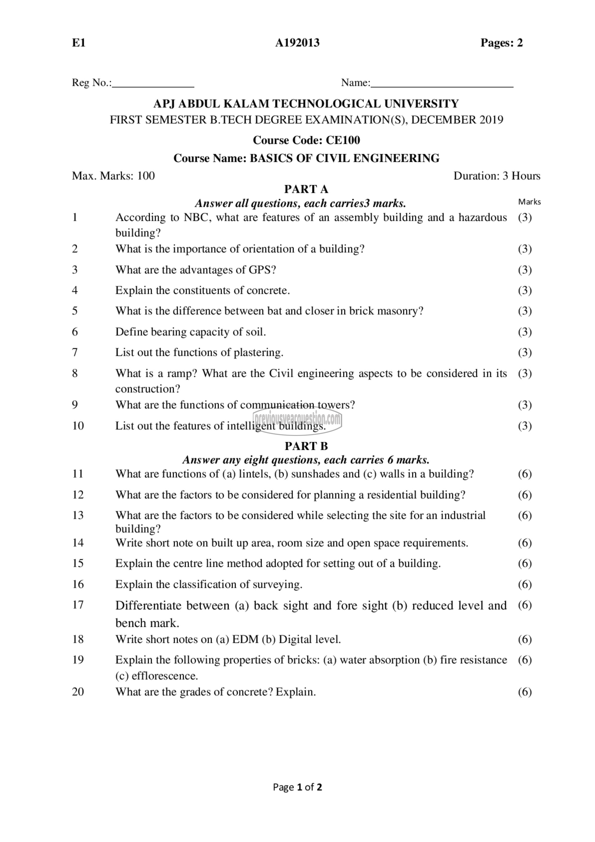 Question Paper - BASICS OF CIVIL ENGINEERING-1