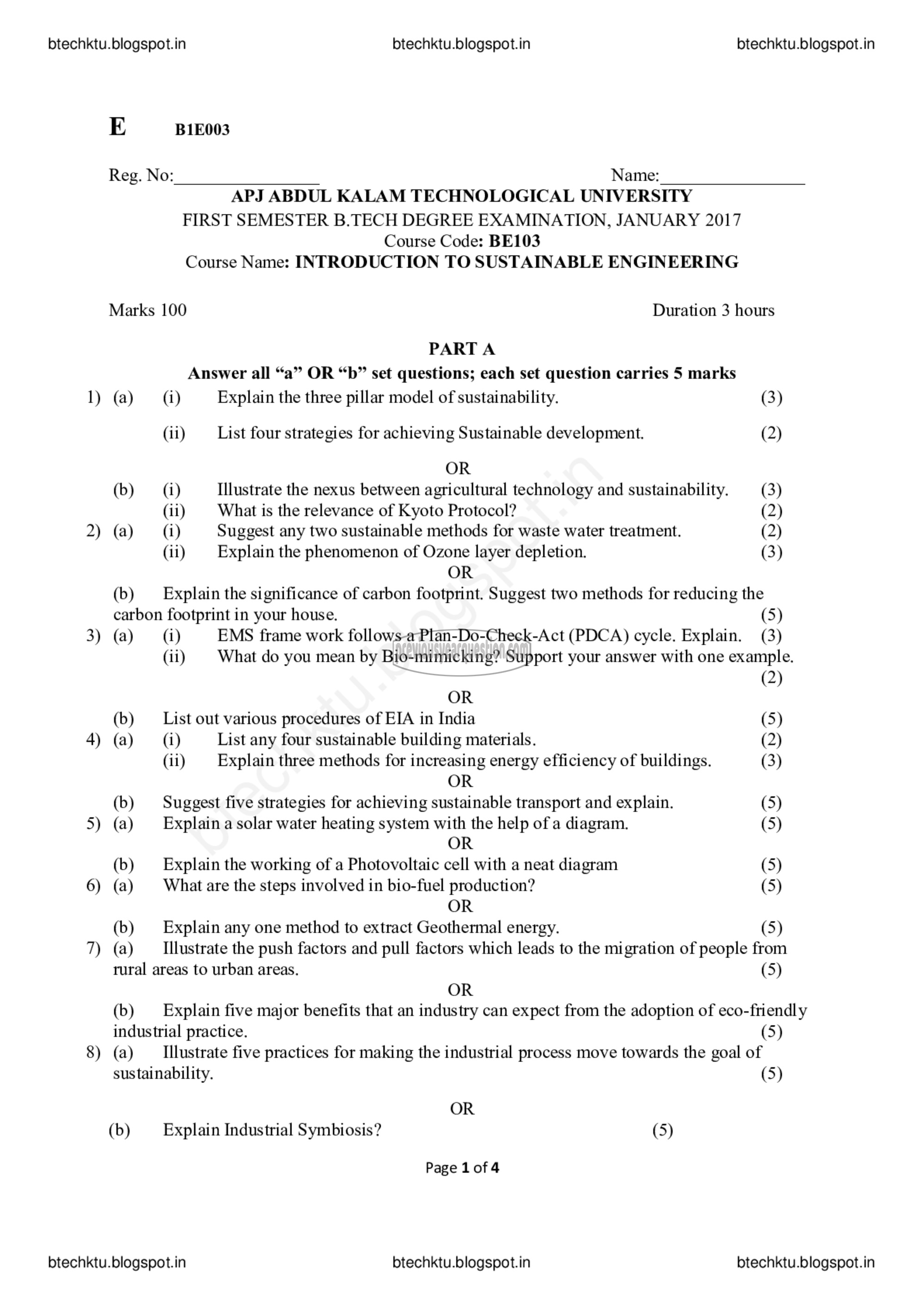 Question Paper - INTRODUCTION TO SUSTAINABLE ENGINEERING-1