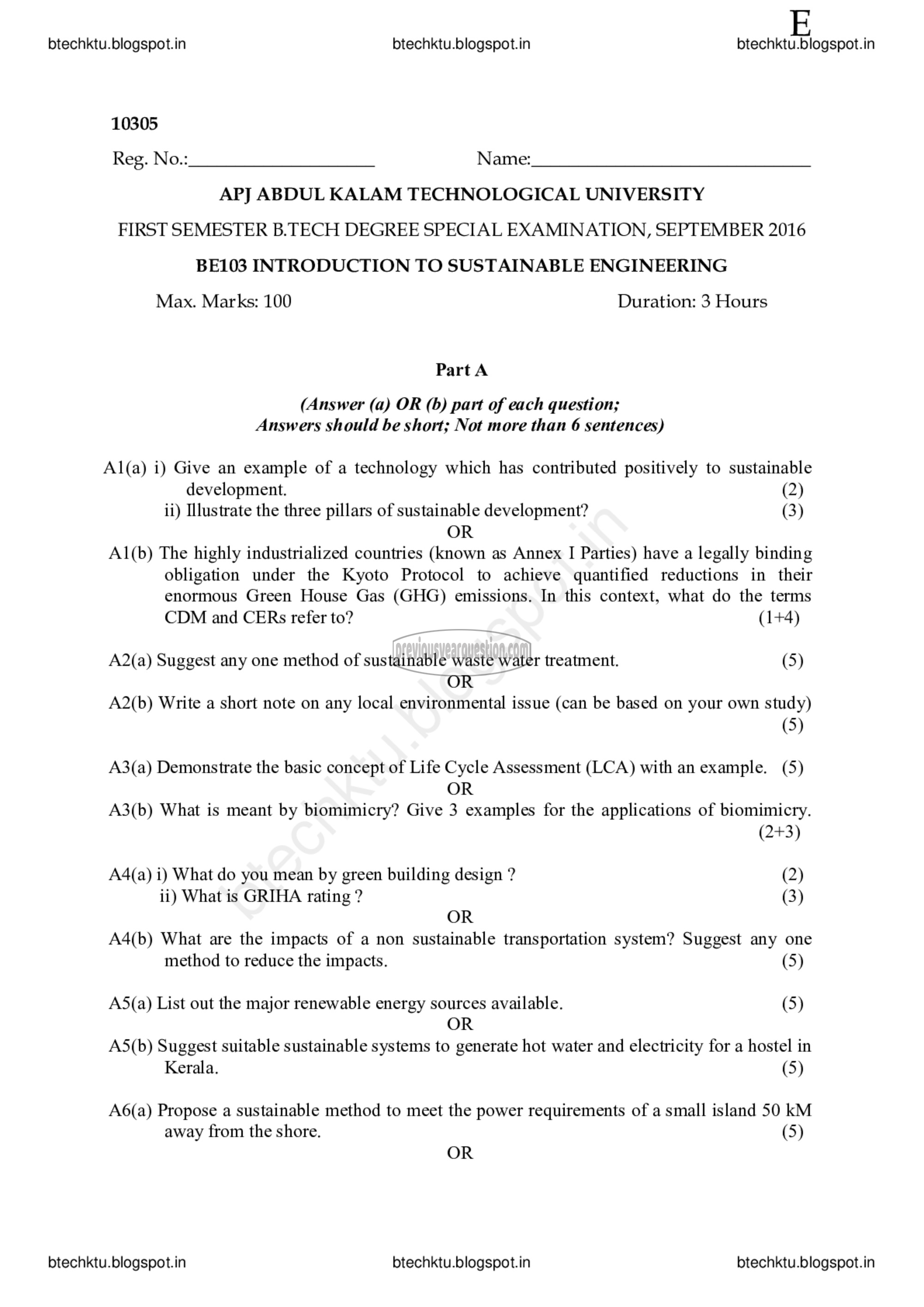 Question Paper - INTRODUCTION TO SUSTAINABLE ENGINEERING-1