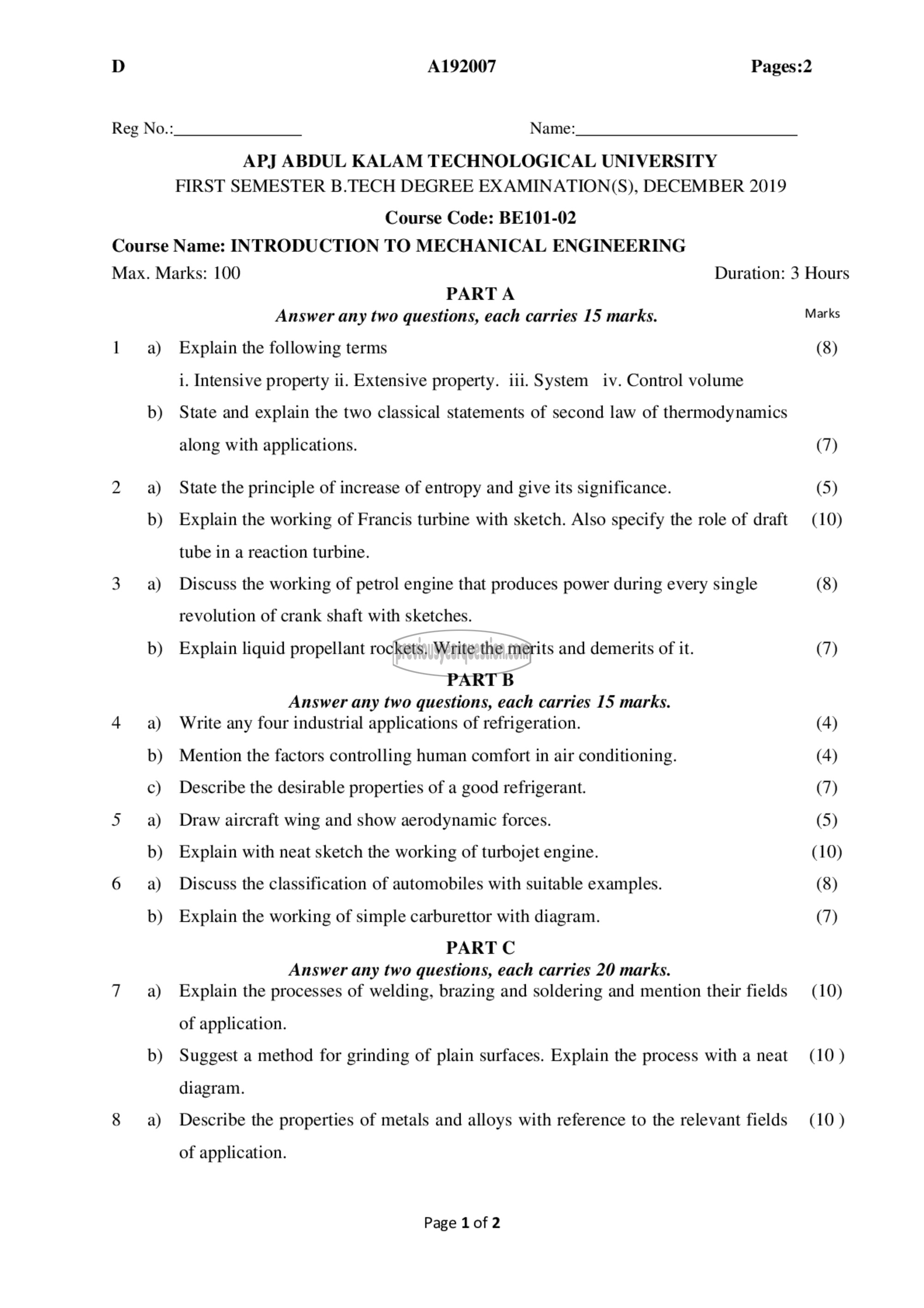 Question Paper - INTRODUCTION TO MECHANICAL ENGINEERING SCIENCES-1