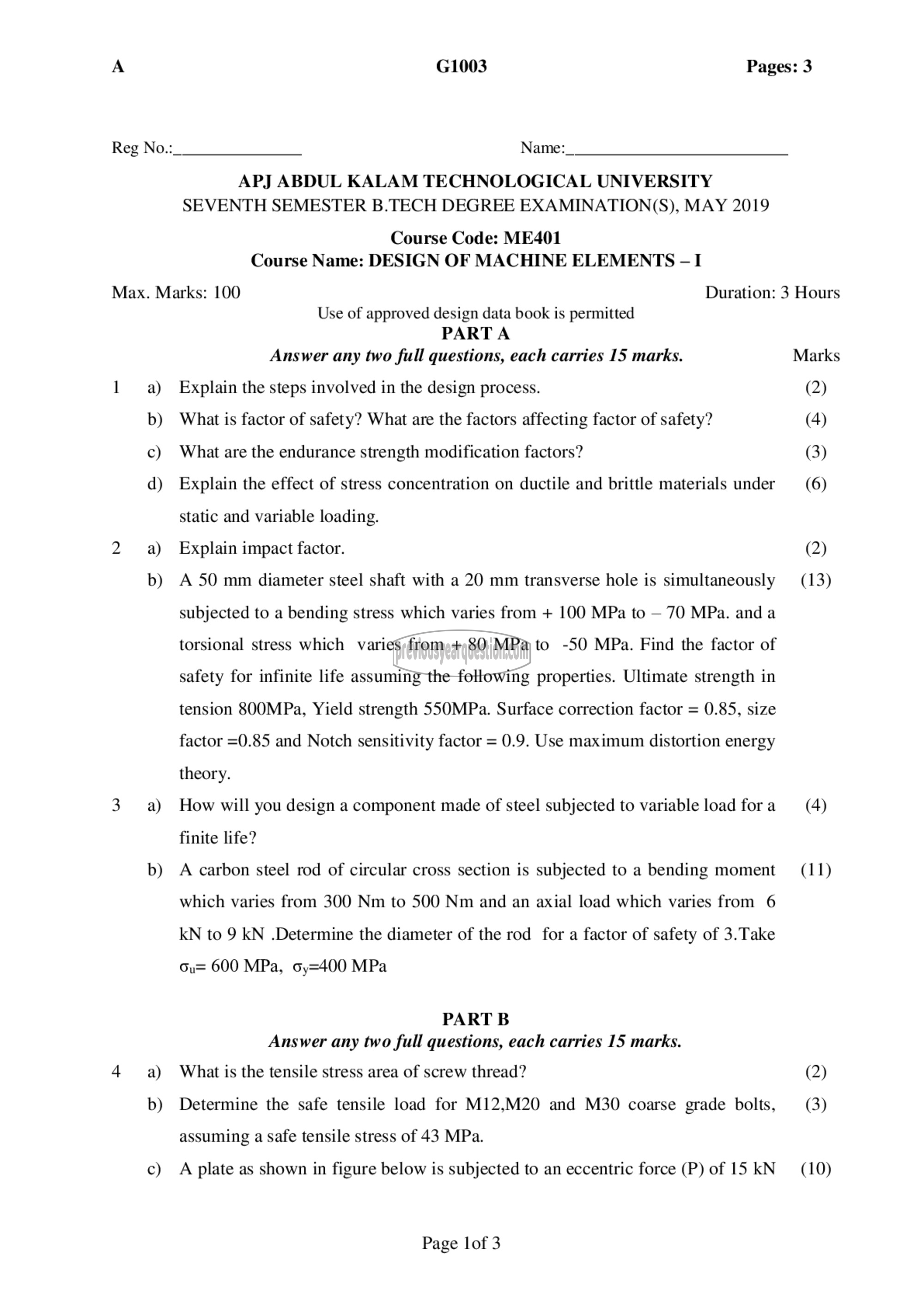 Question Paper - Design of Machine Elements I-1