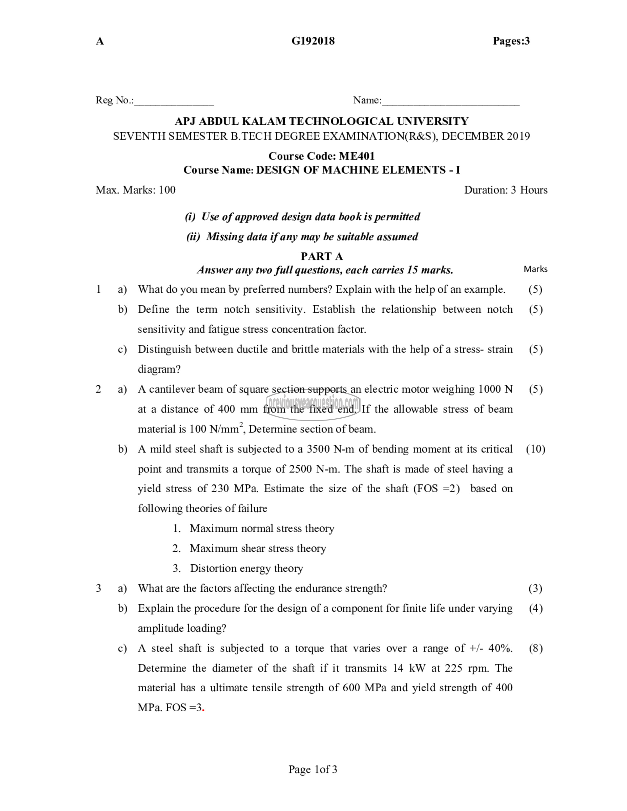 Question Paper - Design of Machine Elements I-1