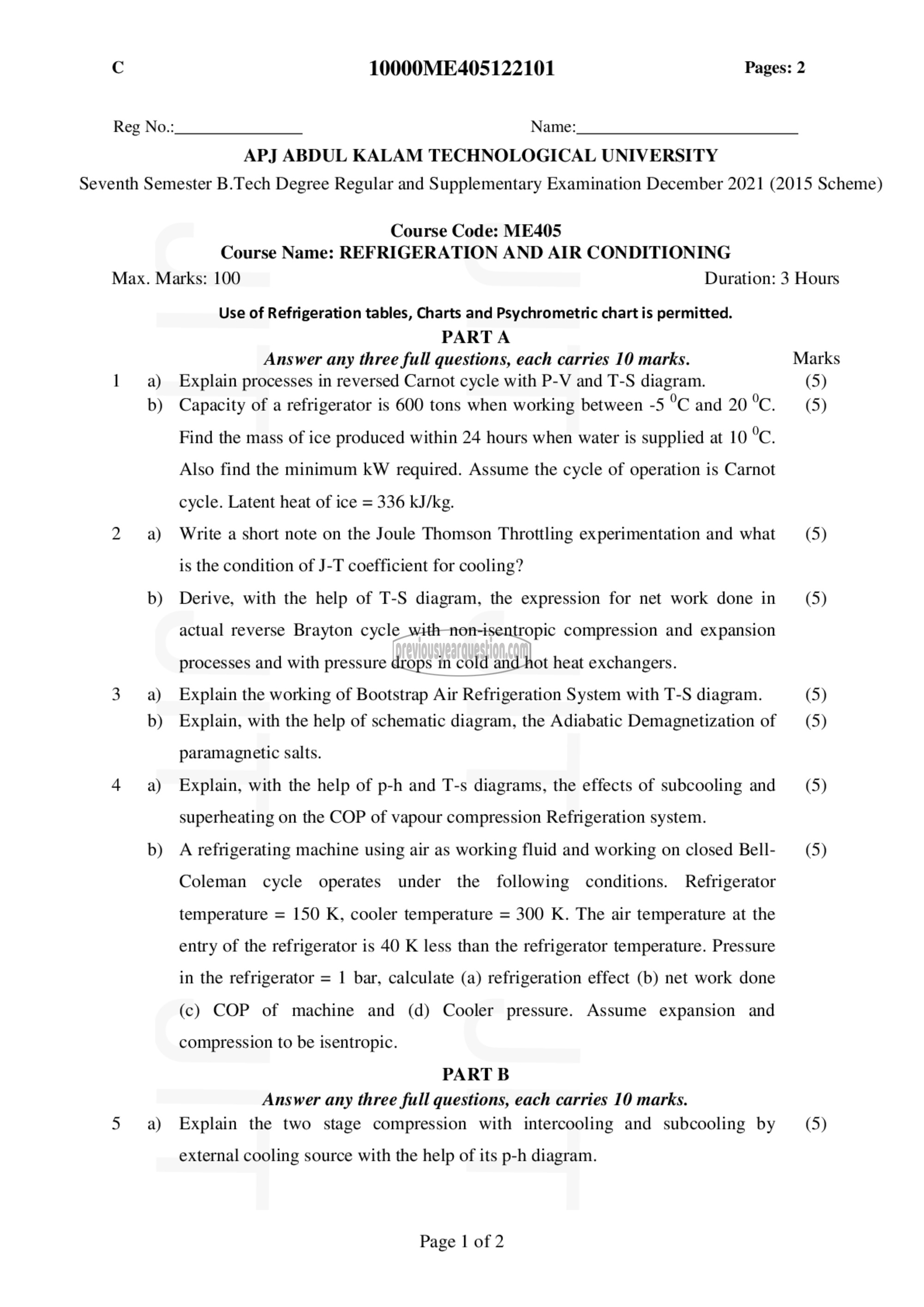 Question Paper - Refrigeration and Air Conditioning-1