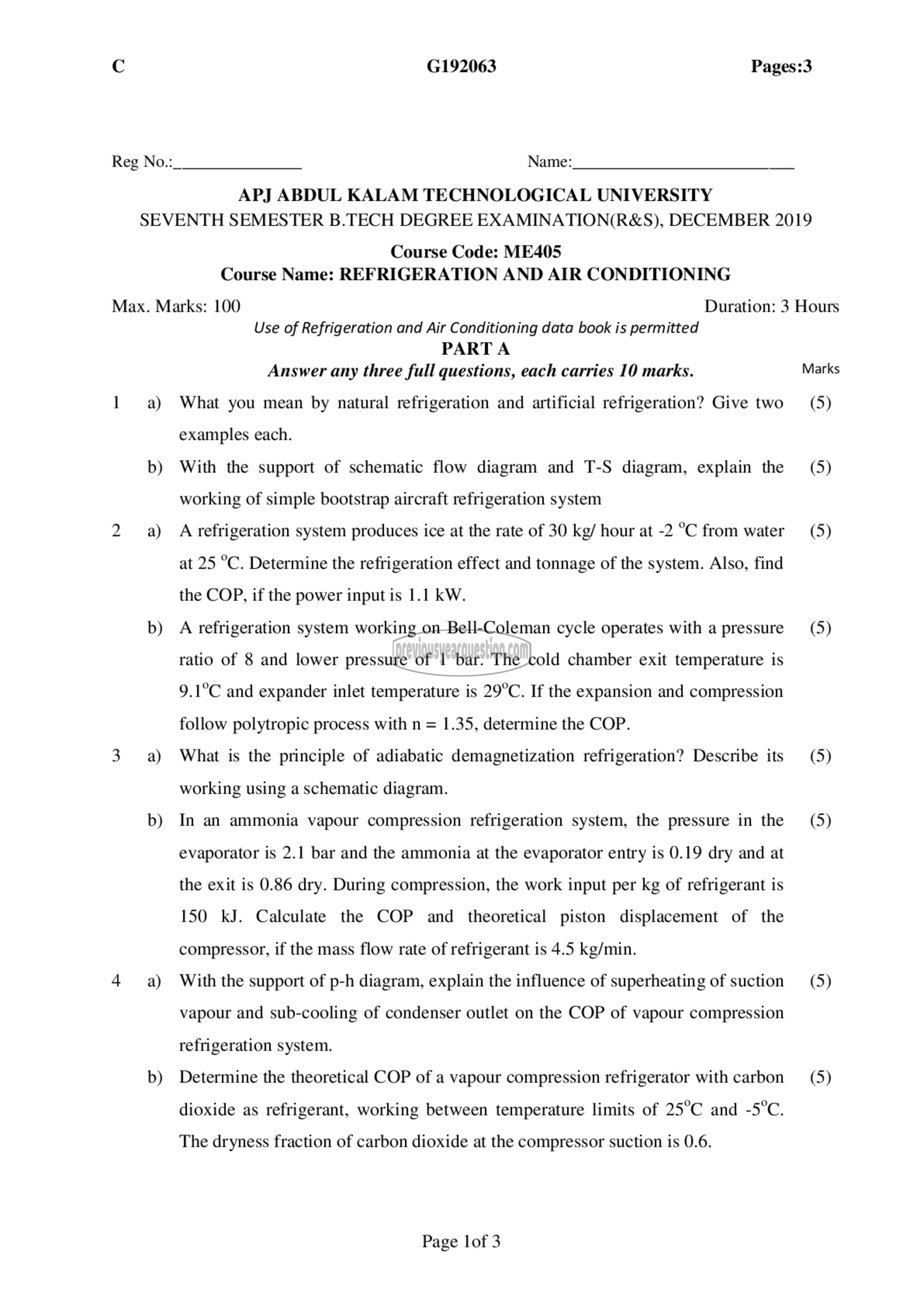 Question Paper - Refrigeration and Air Conditioning-1