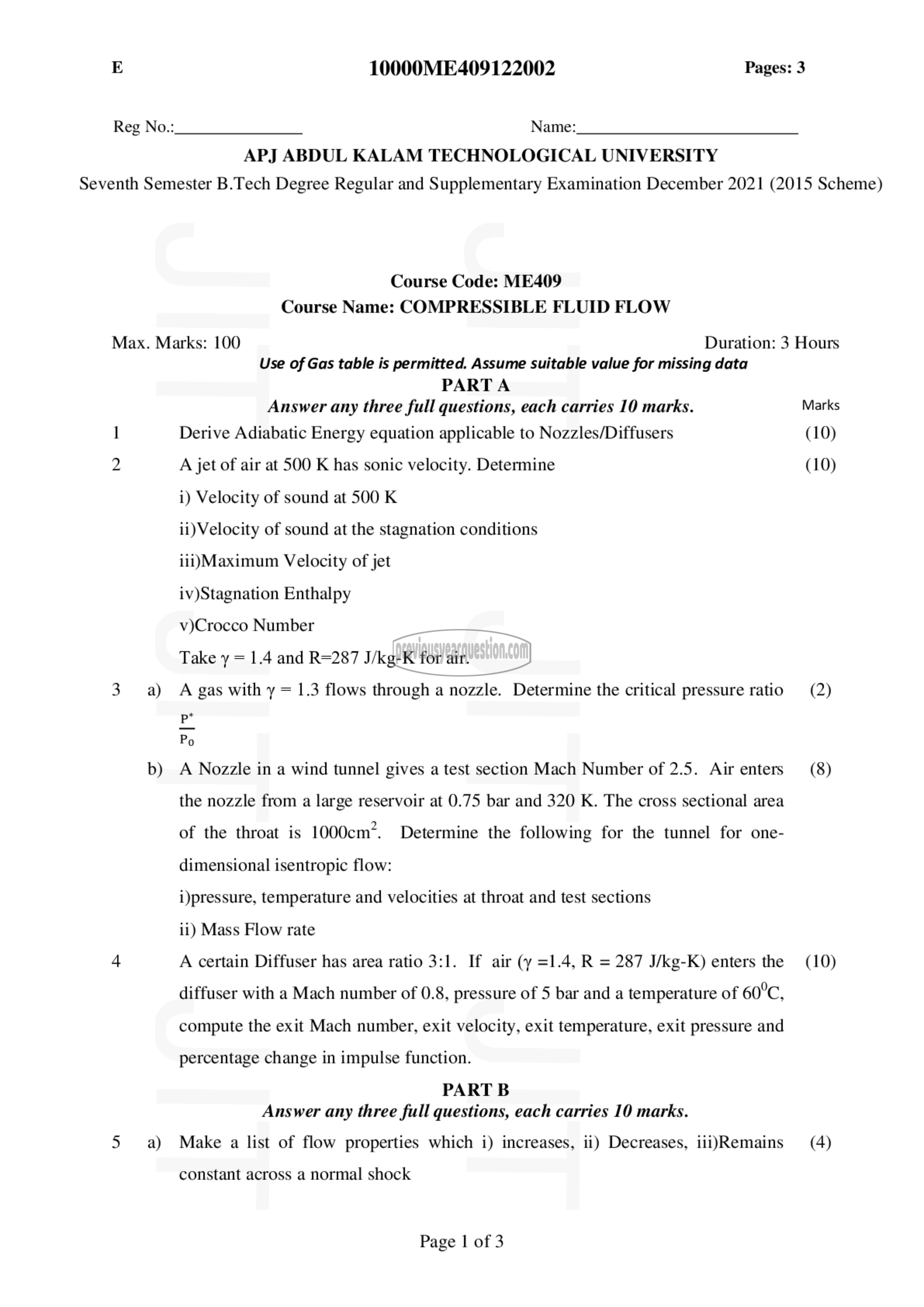 Question Paper - Compressible Fluid Flow-1