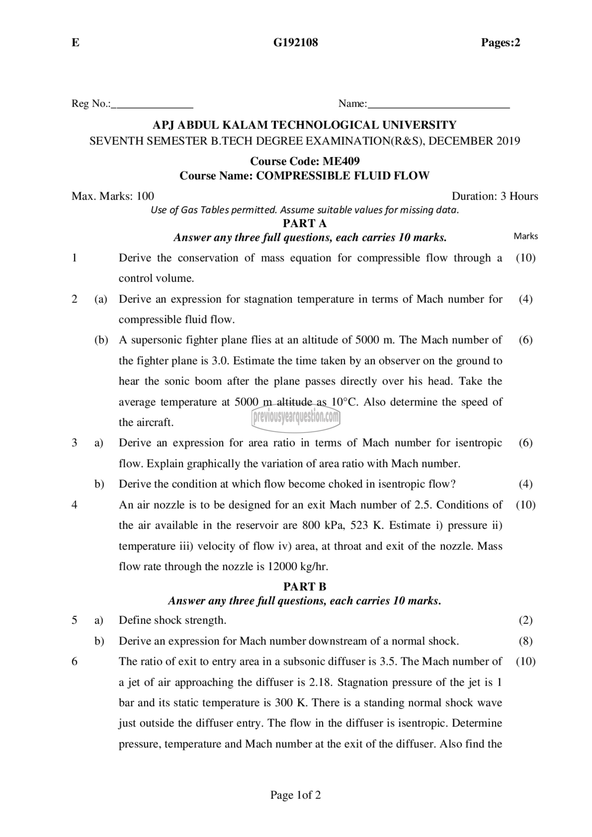 Question Paper - Compressible Fluid Flow-1