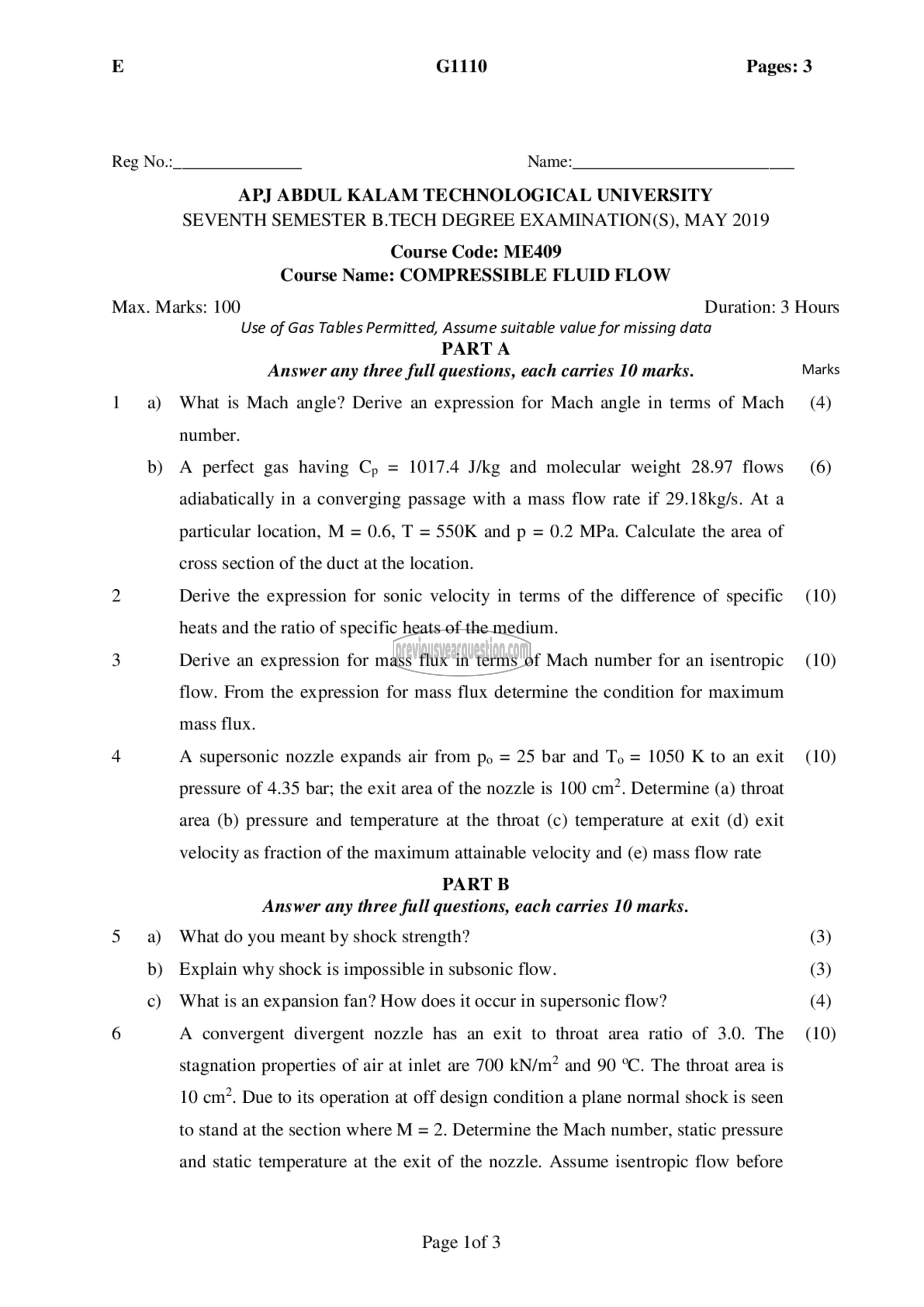 Question Paper - Compressible Fluid Flow-1