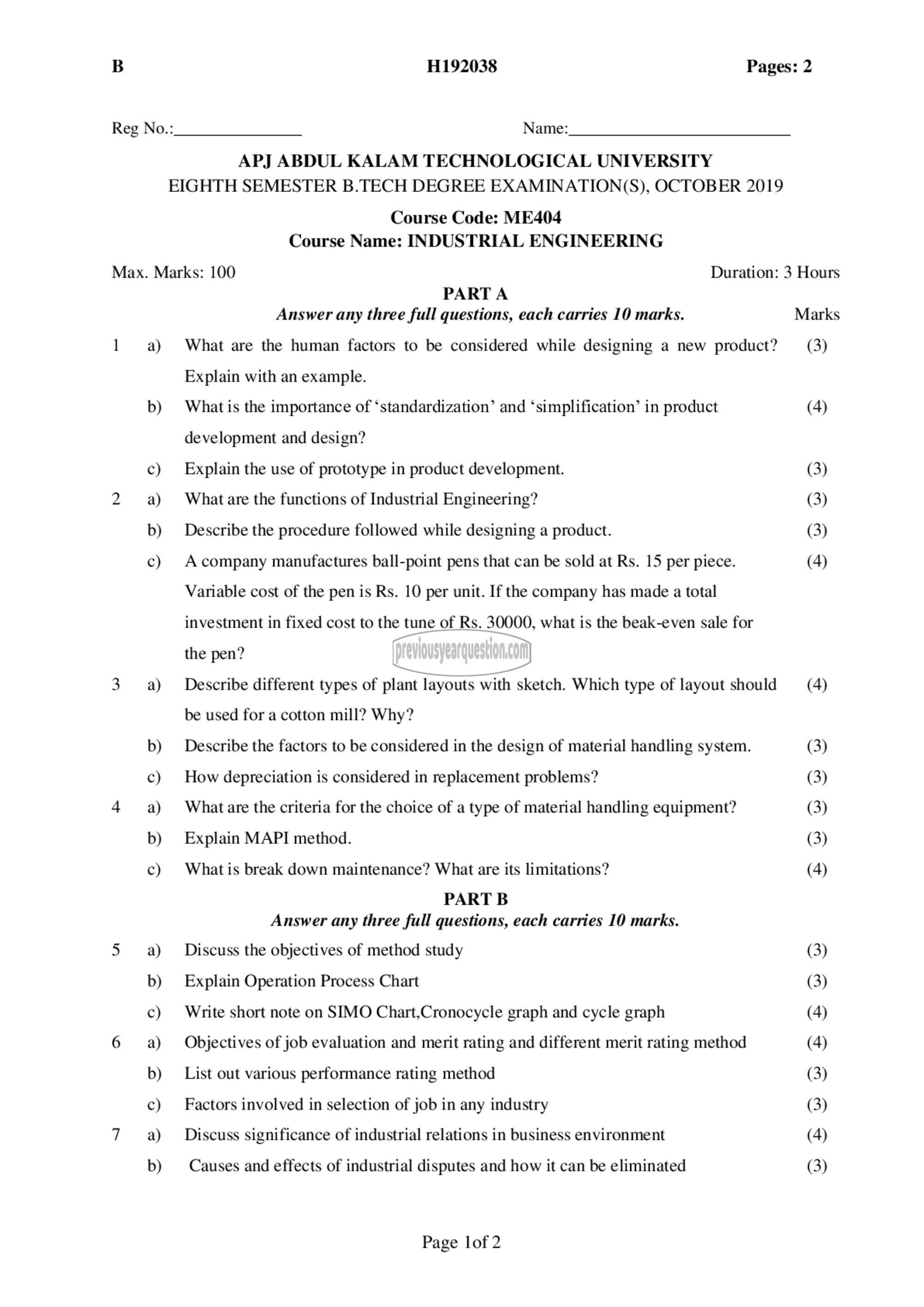 Question Paper - Industrial Engineering-1