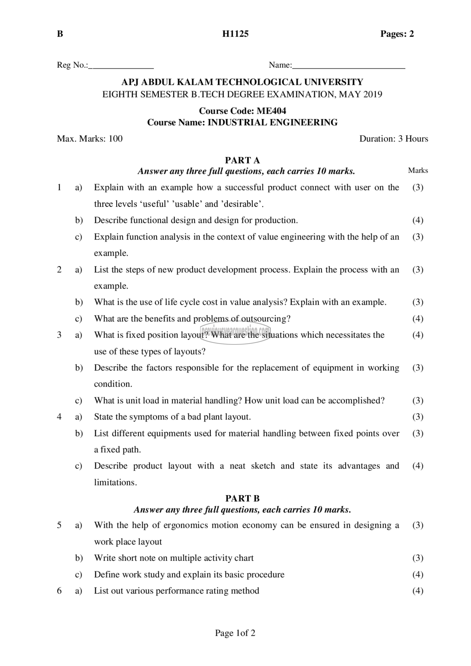 Question Paper - Industrial Engineering-1